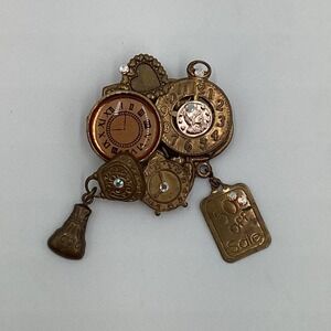Vintage Steampunk Style Charm Brooch Faux Watch Dials Antique‎ Gold Tone